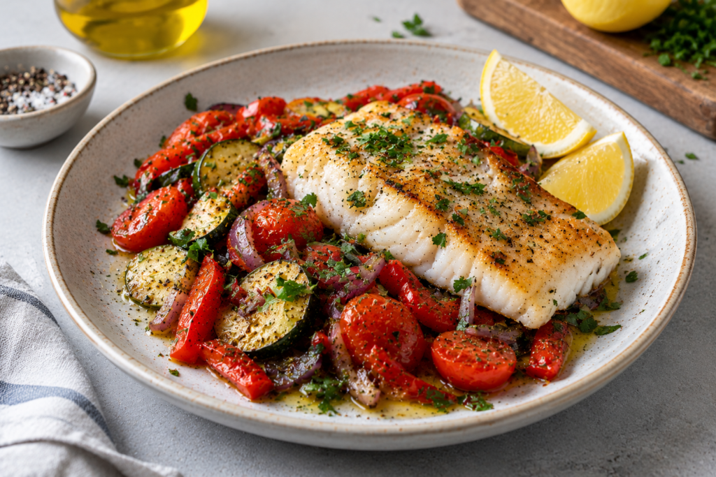 Pan-Seared Cod with Mediterranean Vegetables